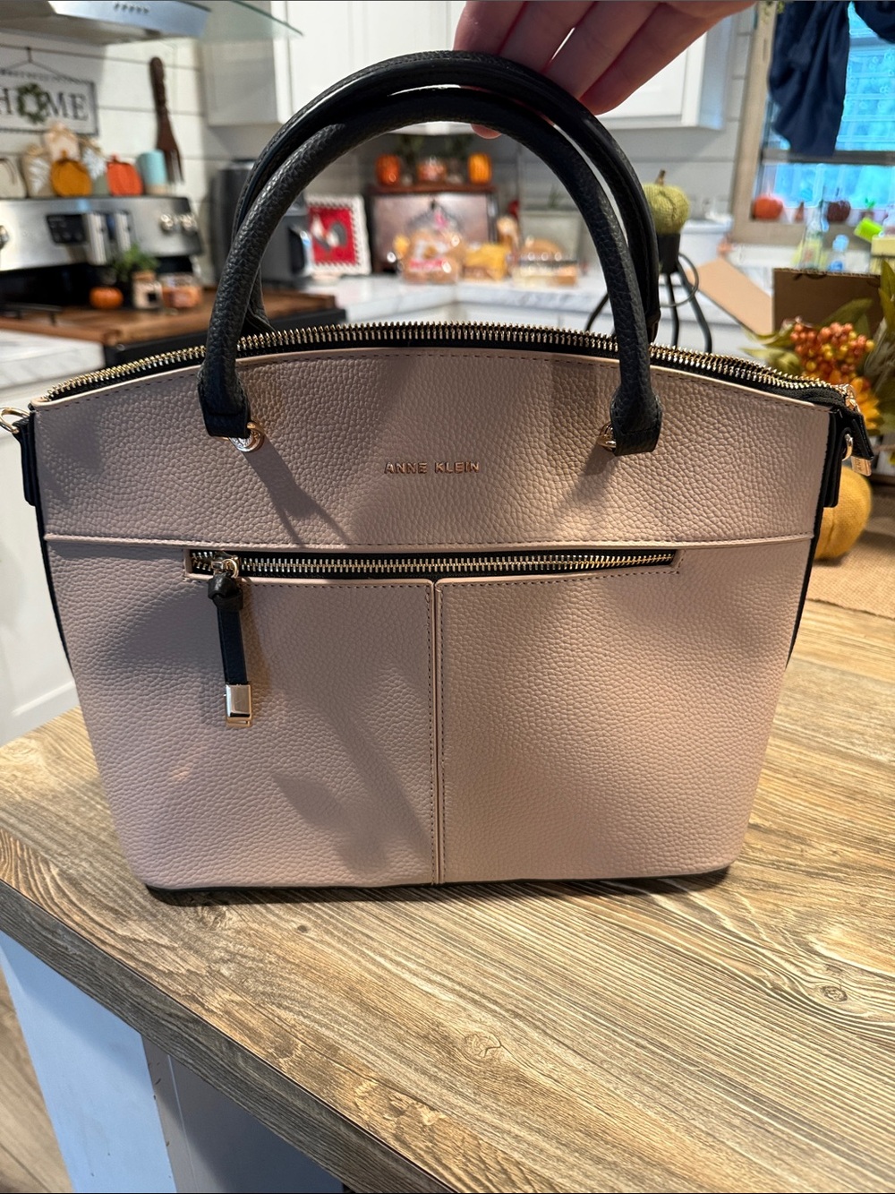Anne Klein Pale Blush Satchel with Black Handles